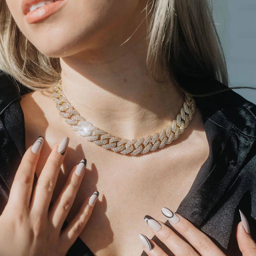 14mm Diamond Prong Link Chain - Gold