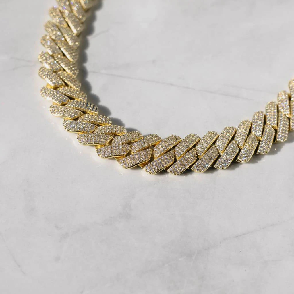 19mm Diamond Prong Link Chain - Gold