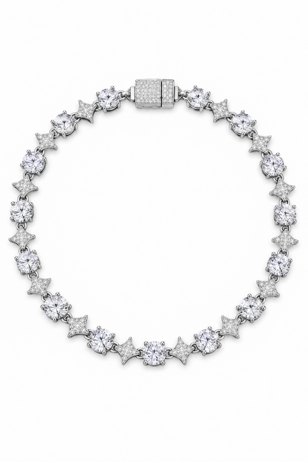 6mm Iced Round & Star Bracelete 925 Silver - White Gold
