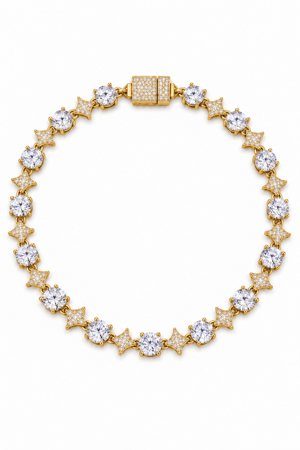 6mm Iced Round & Star Bracelete 925 Silver - Gold