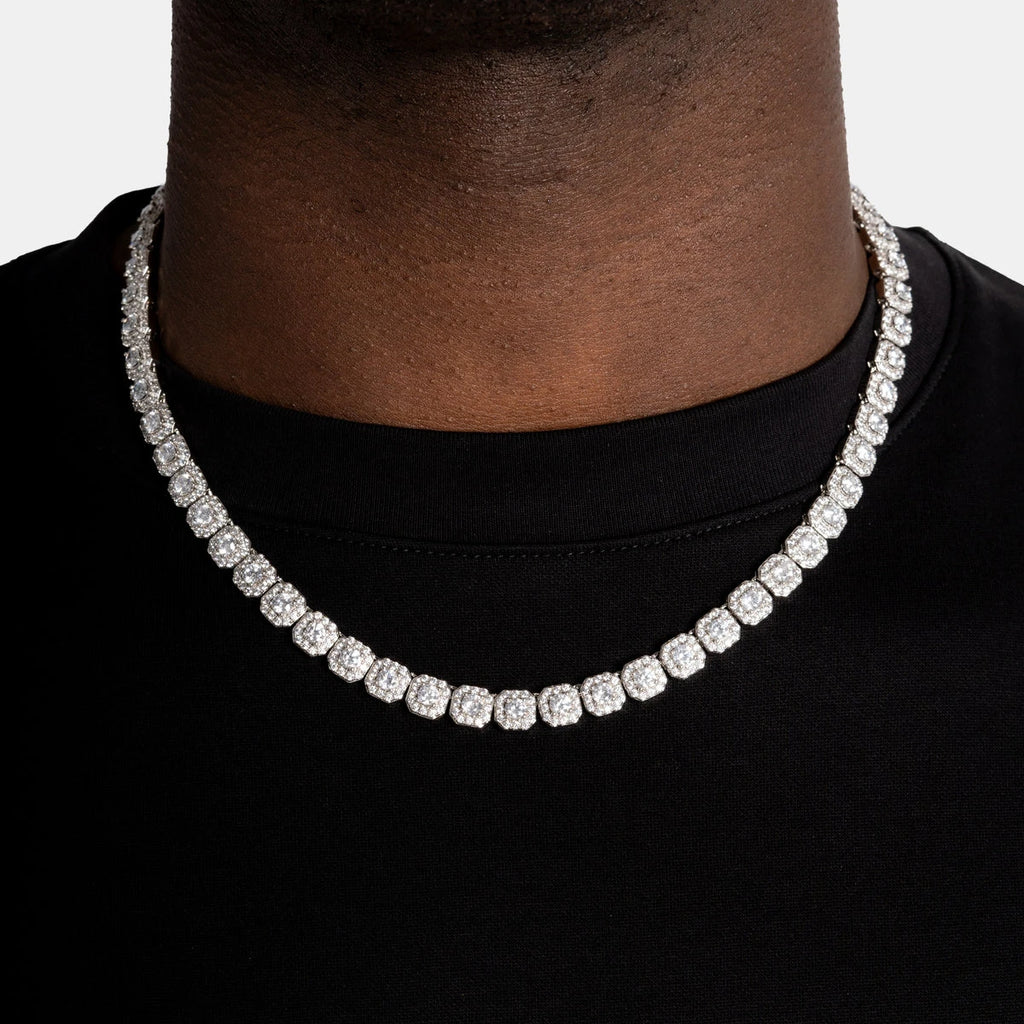 7mm Clustered Tennis Chain - White Gold